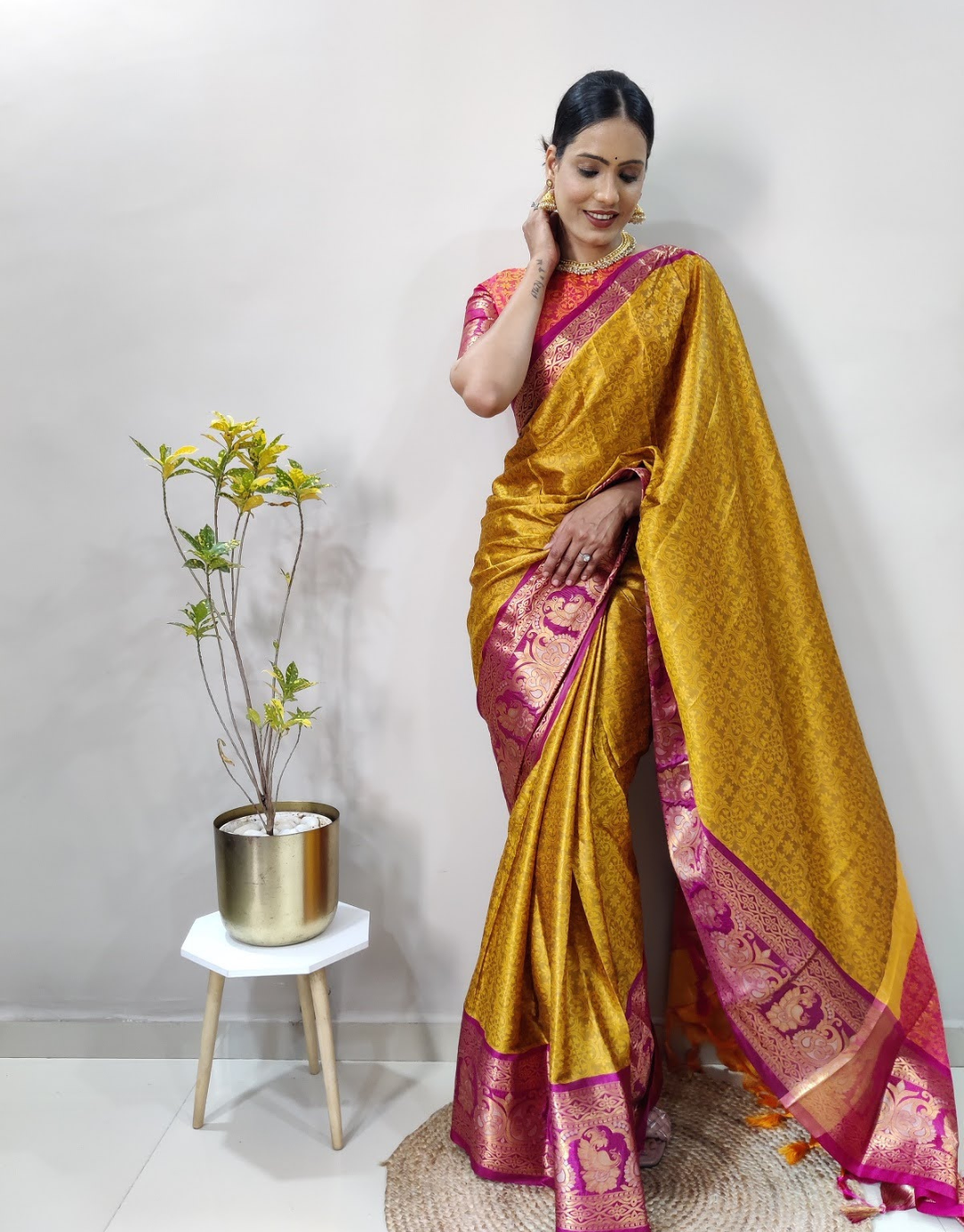 Ishika Musted Yellow-Purple Soft Silk Saree