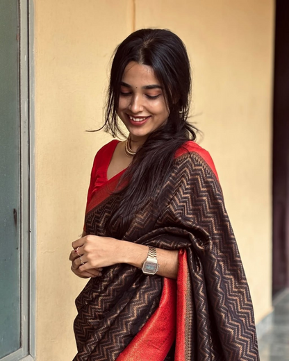 Nivriti - Coffee Brown Handloom Saree with Red Border