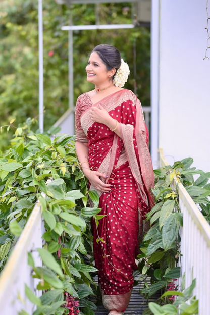 Meadow Breeze - Red Banarasi Soft Silk Saree