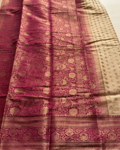 Ruhani - Cream Magenta Heritage Silk Saree
