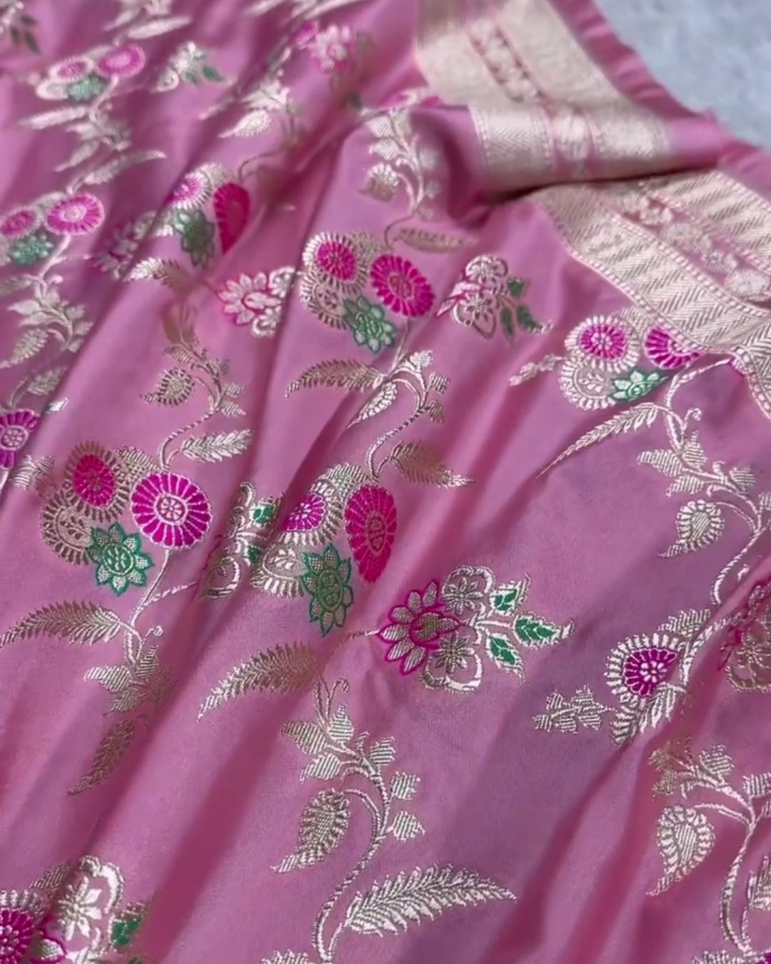 Aishani - Rose Pink Silk Saree with Meenakari Floral Border