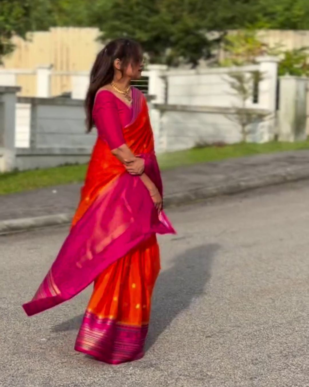 Neelima - Red Orange Soft Silk Saree with Zari Butta Border