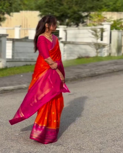 Neelima - Red Orange Soft Silk Saree with Zari Butta Border