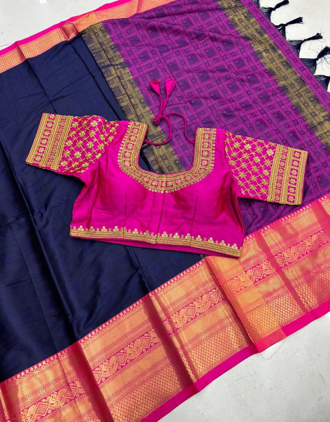 Aarya Navy Blue Cotton Silk Saree