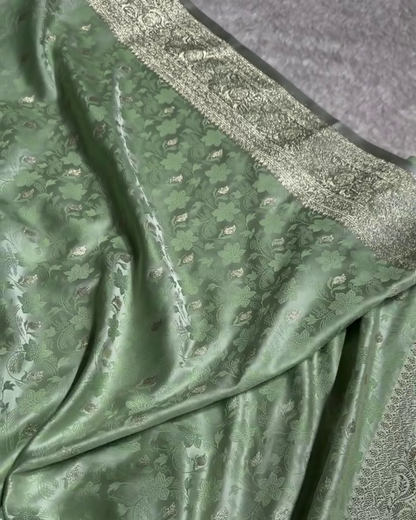 Shailee - Mint Green Satin Katan Silk Saree with Floral Zari Weave