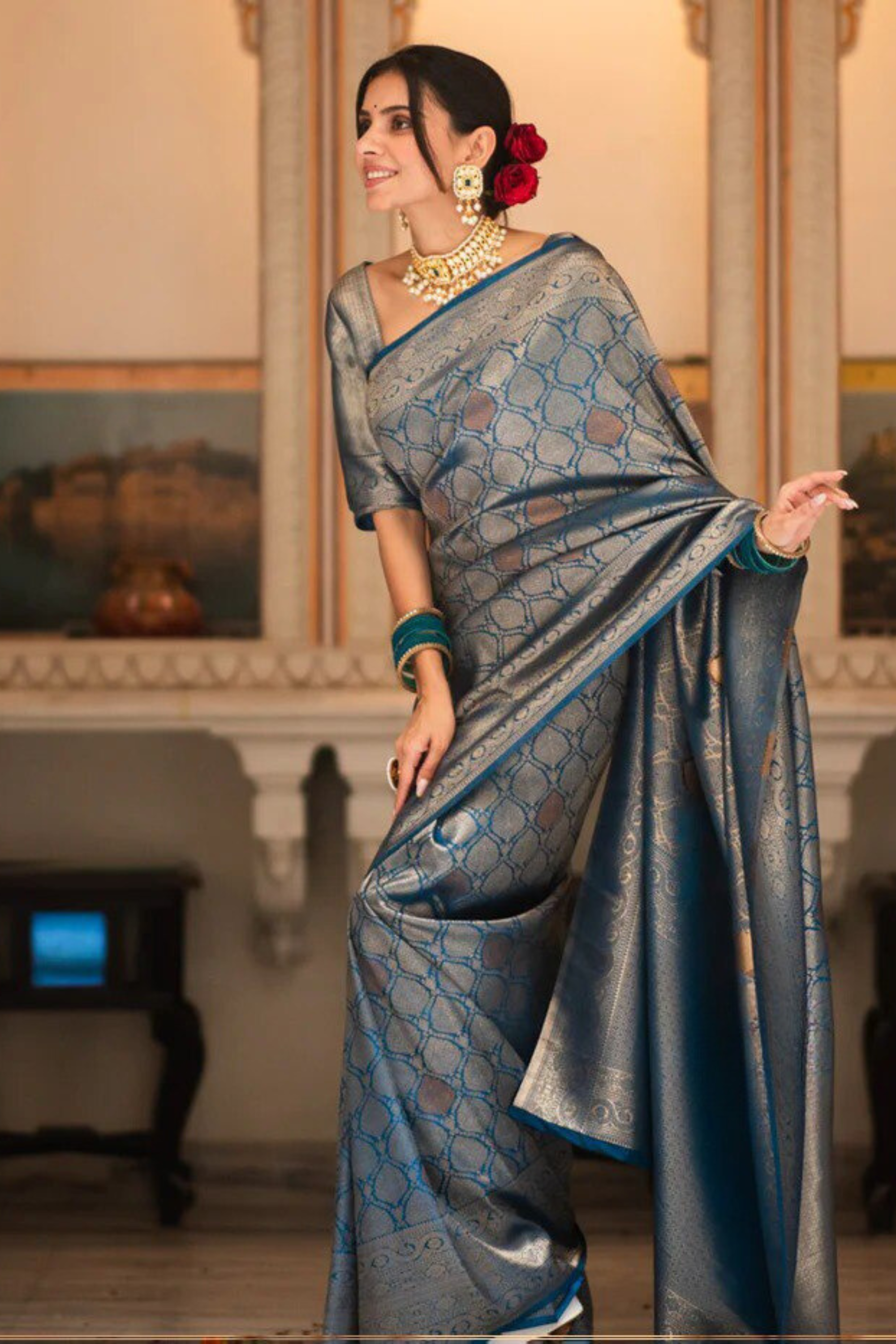 Blush Gleam - Blue - Banarasi Silk Saree