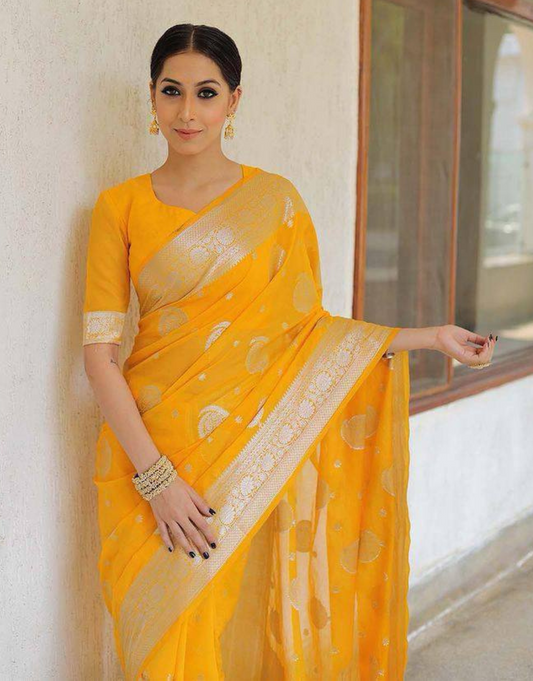 Manvi Yellow Banarasi Silk Saree