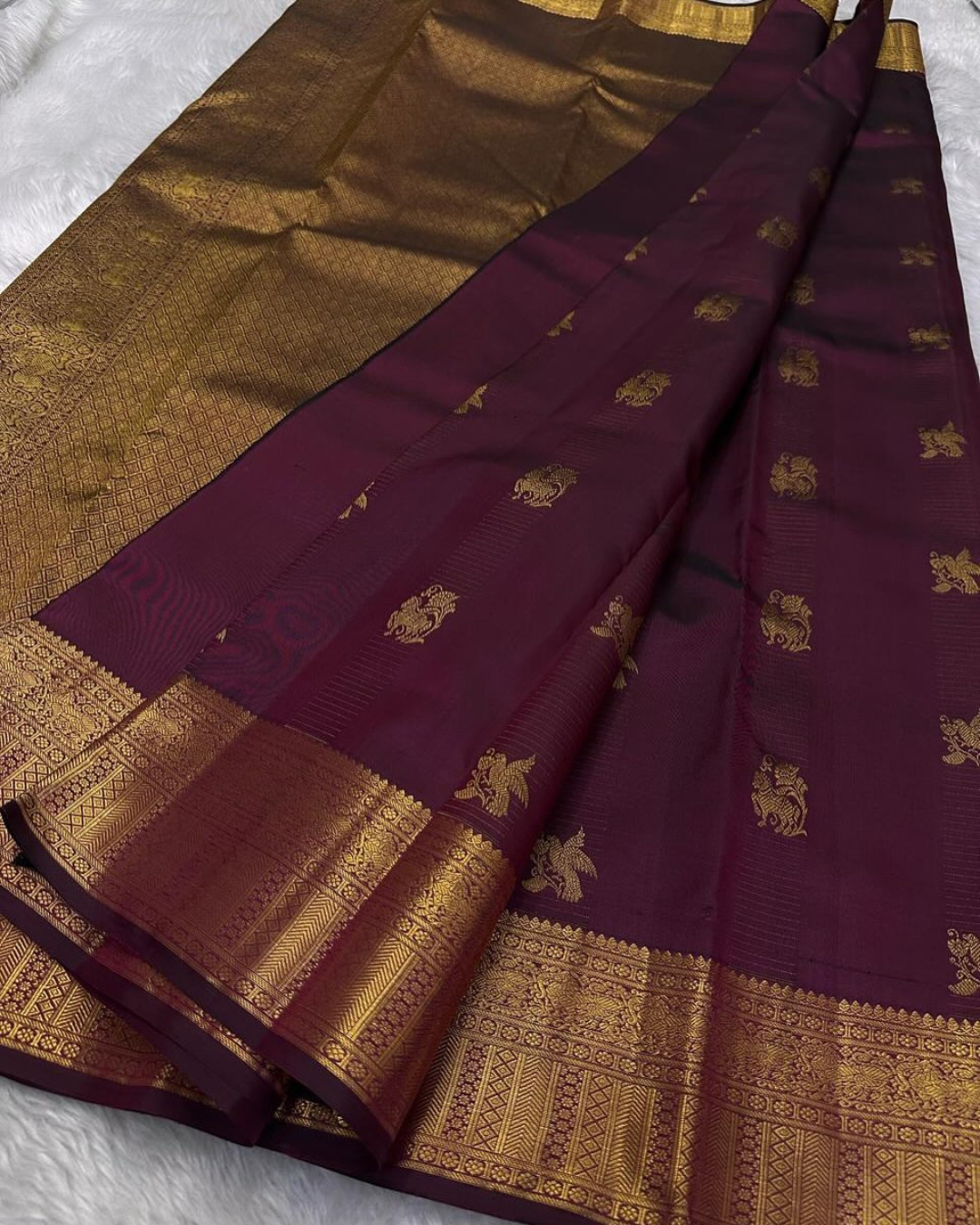 Kavya - Wine Purple Kanjivaram Saree with Zari Motifs