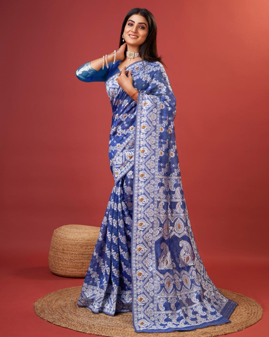 Kenvi Blue Banarasi Silk Saree