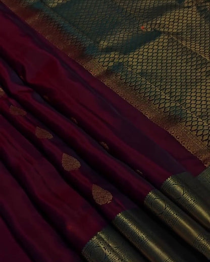 Mahima - Wine Kanchipuram Silk Saree with Rama Zari Border