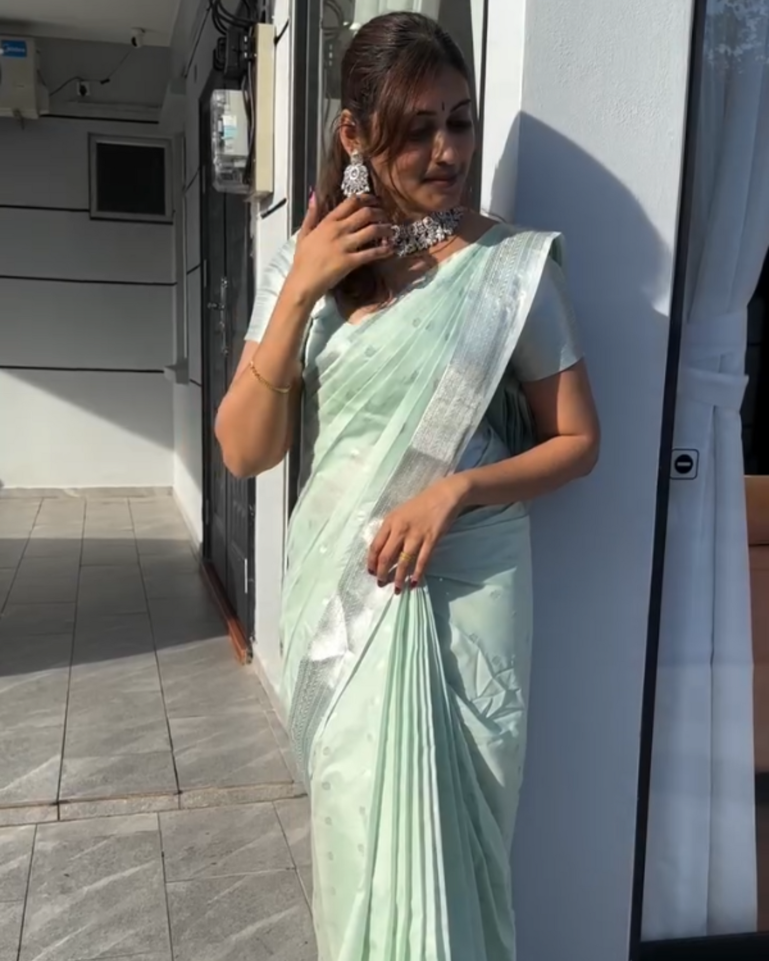 Mint Elegance - Organza Silk Saree