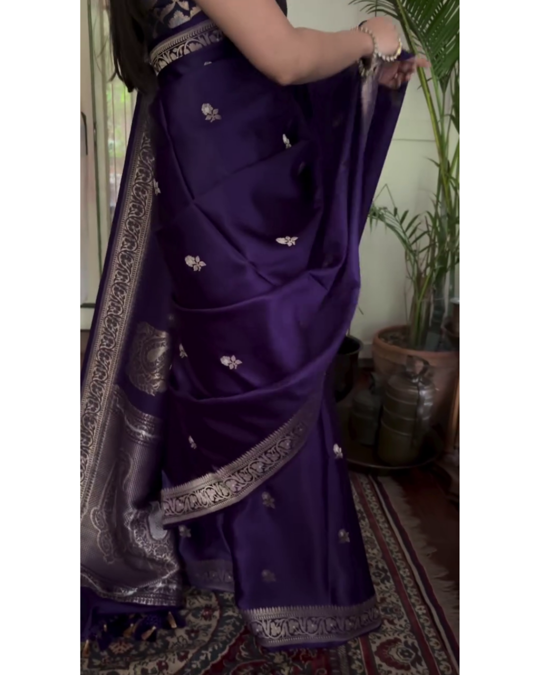 Rohini - Purple Banarasi Silk Saree with Silver Zari Border &amp; Butta Weave