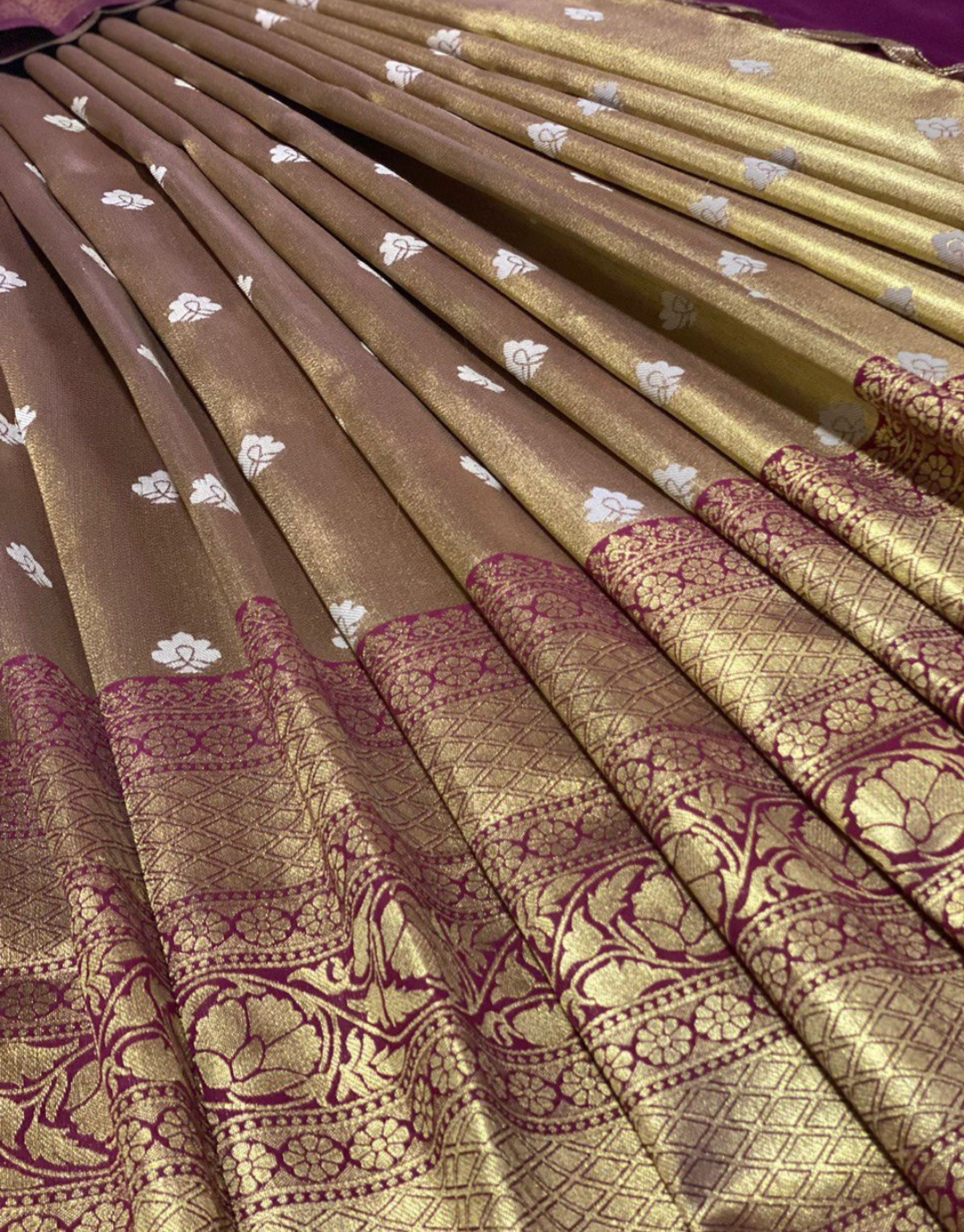 Ishita Beige Kanchipuram Silk Lahenghas With Wine Dupatta