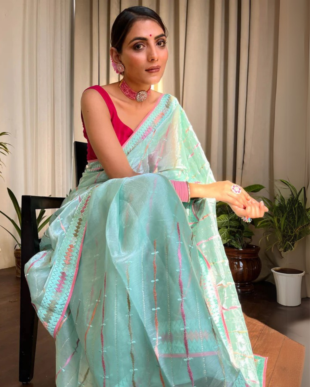 Aqua Whisper - Organza Silk Saree