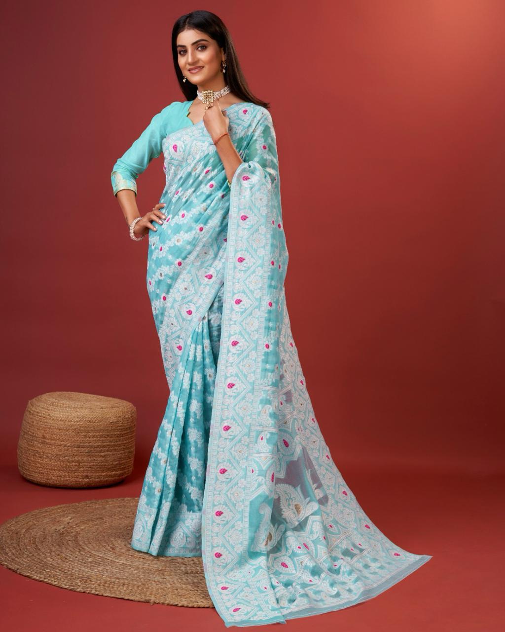 Kenvi Light Blue Banarasi Silk Saree