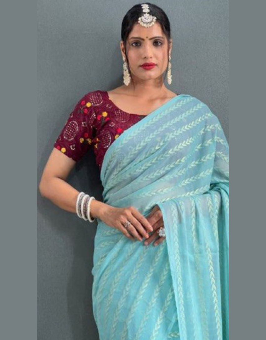 Lata SkyBlue Georgette Silk Saree With Embroidery Blouse