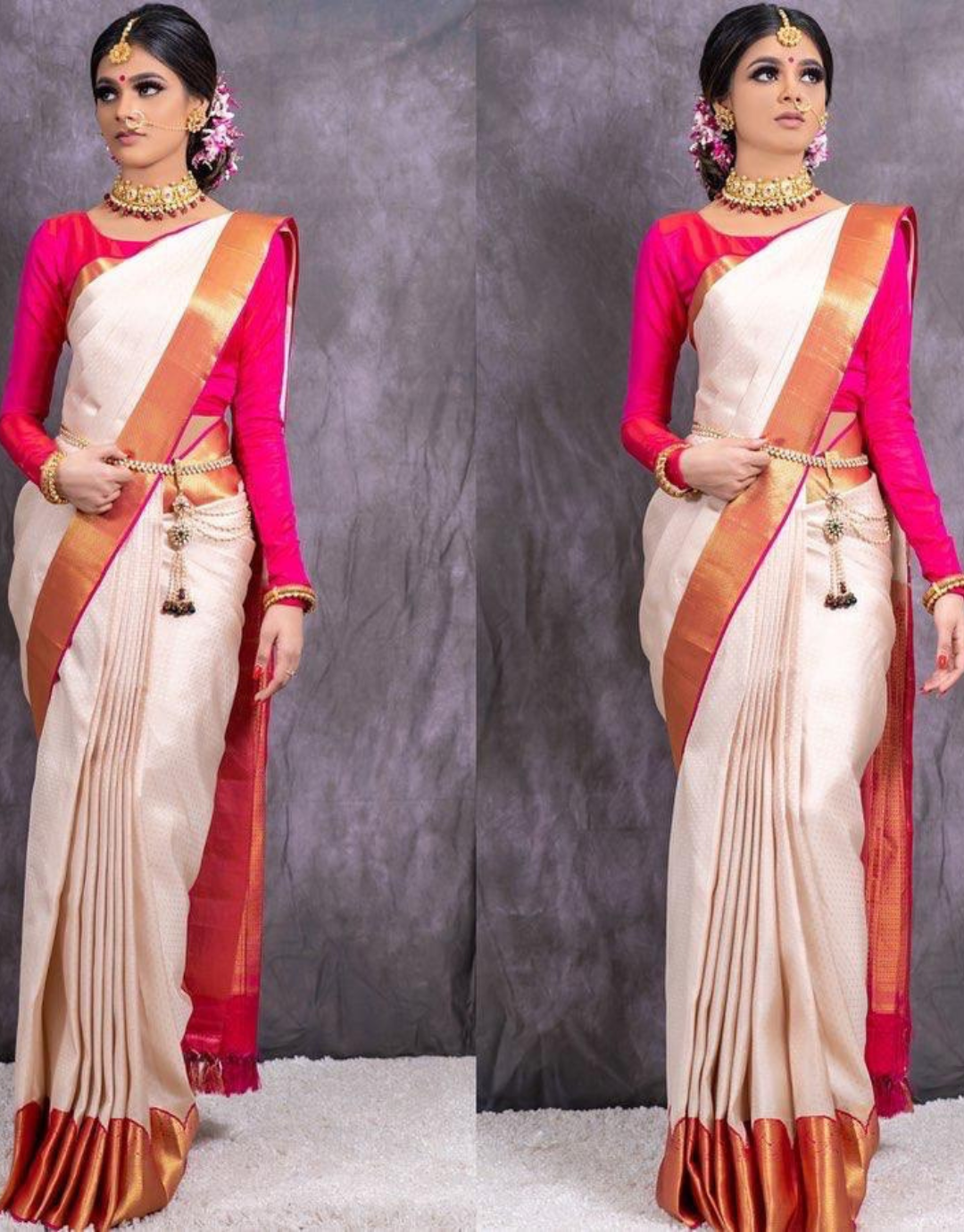 Shalu White-Pink Banarasi Silk Saree