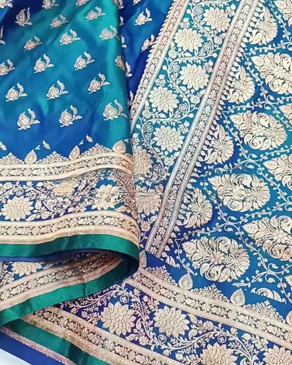 Mrunal - Teal Blue Banarasi Silk Saree with Zari Floral Border