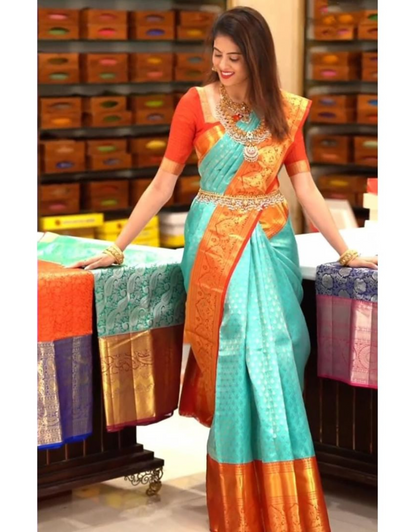 Tara Turquoise Green-Red Kanchipuram Soft Silk Saree