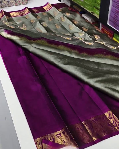 Ritisha - Sage Green Silk Blend Saree with Contrast Zari Border