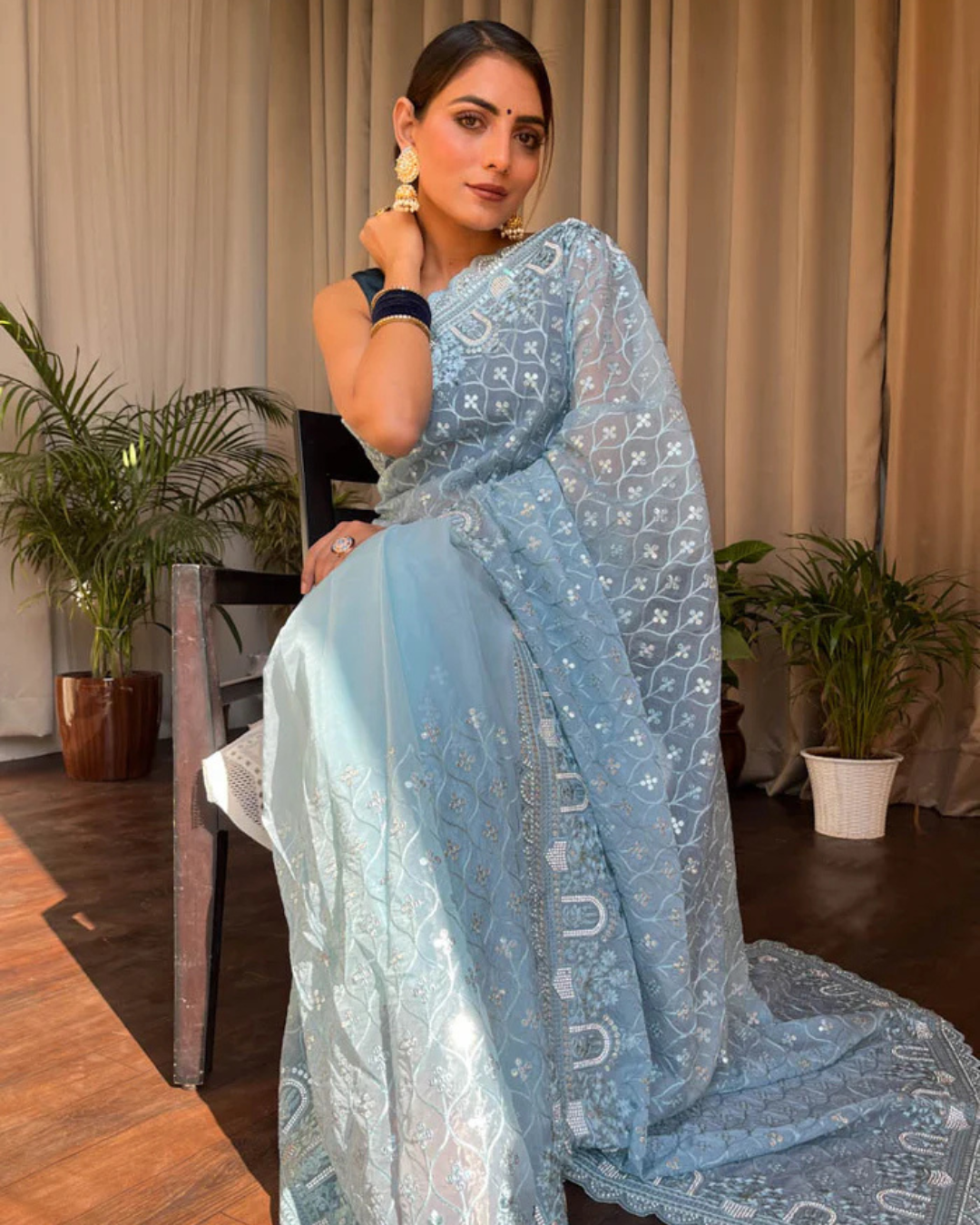 Azure Bloom - Organza Silk Saree