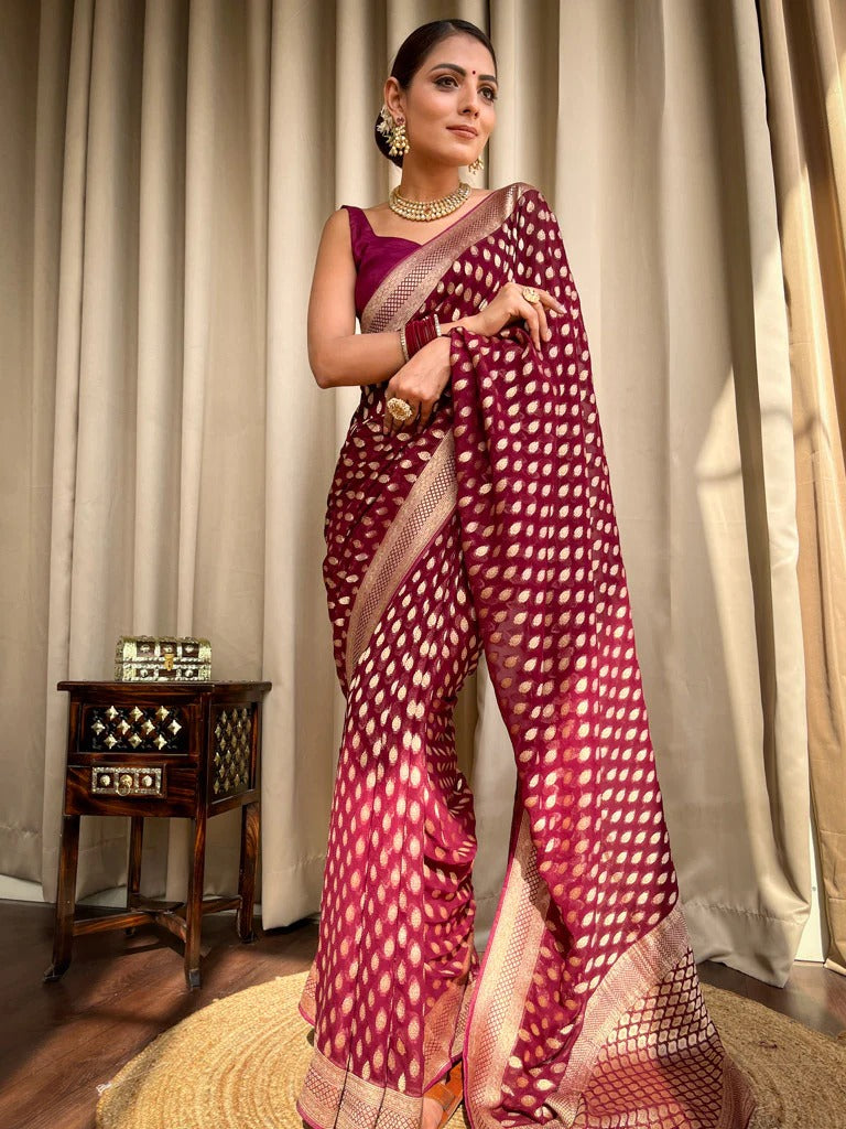 Hotsell Maroon Banarasi Silk Saree.