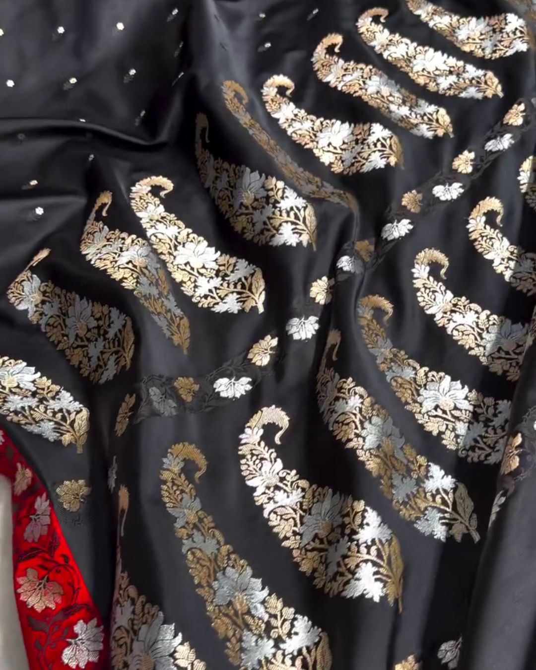 Indrani - Black Banarasi Satin Saree with Zari Floral Red Border