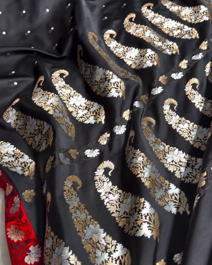 Indrani - Black Banarasi Satin Saree with Zari Floral Red Border