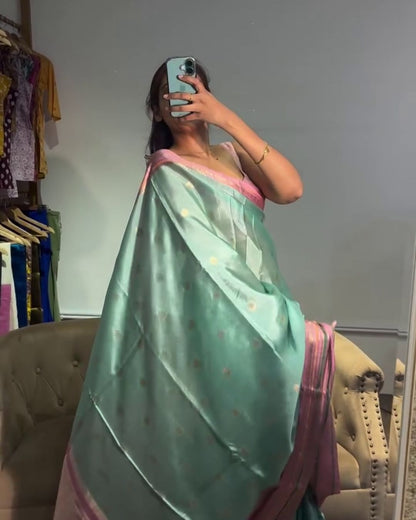Taapsi - Sea Green Silk Blend Saree with Pink Zari Border