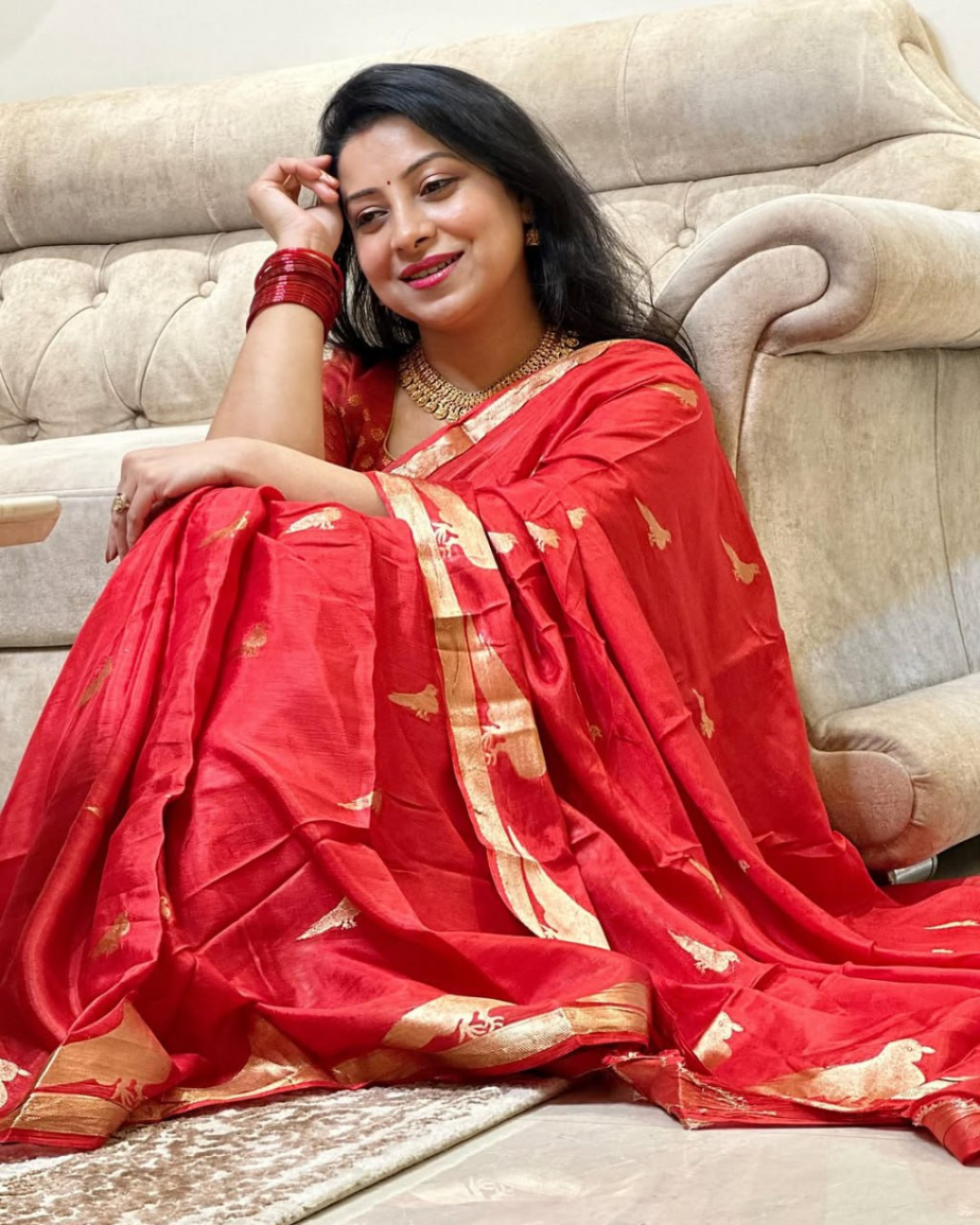 Sharvani - Brick Red Silk Saree with Leaf Motifs