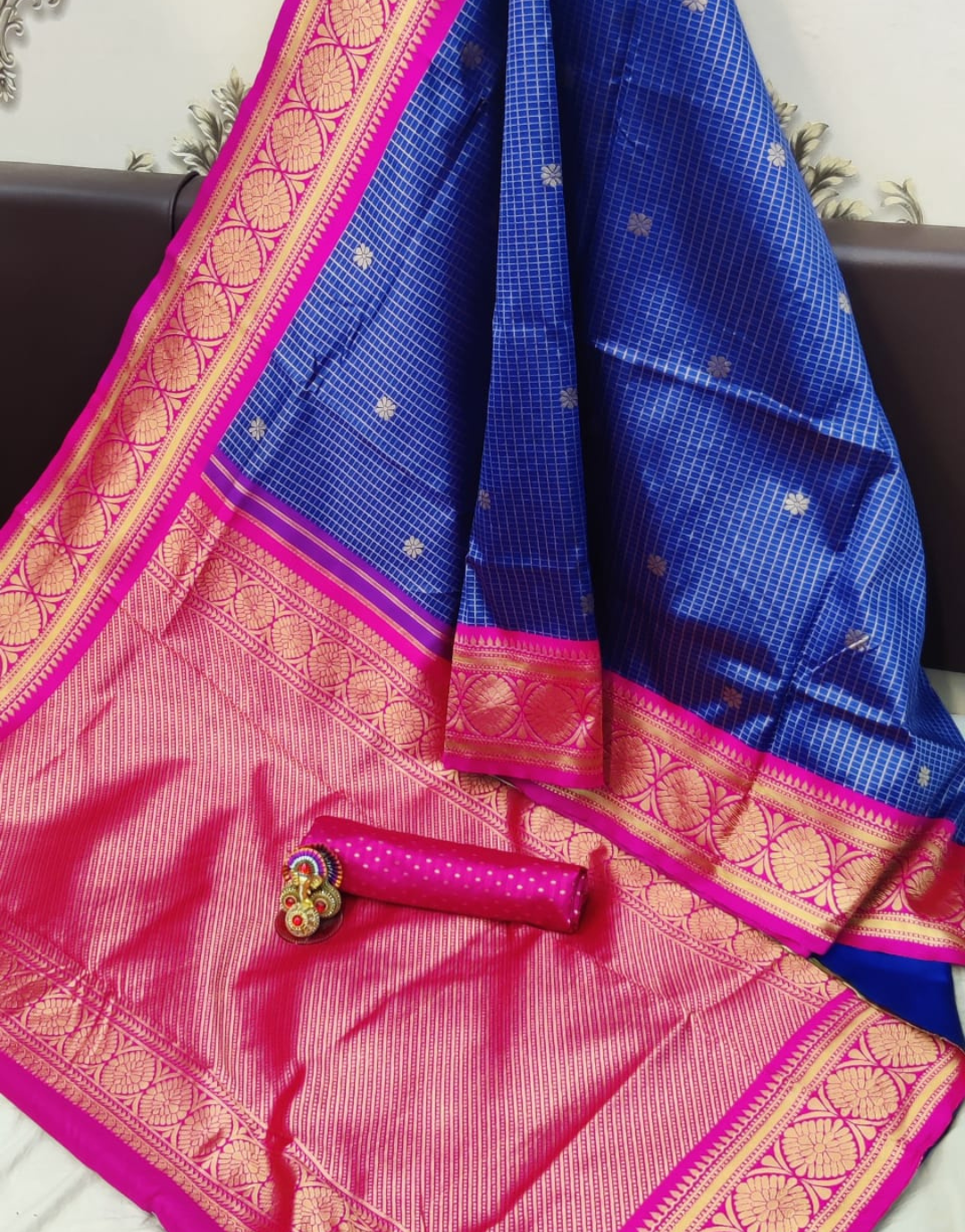 Heena Blue Kanchipuram Silk Saree With Attached Blouse