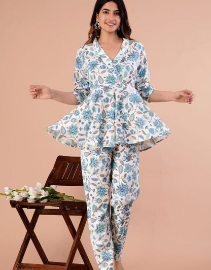 Margie Blue Cotton Digital Printed Co-Ord Set