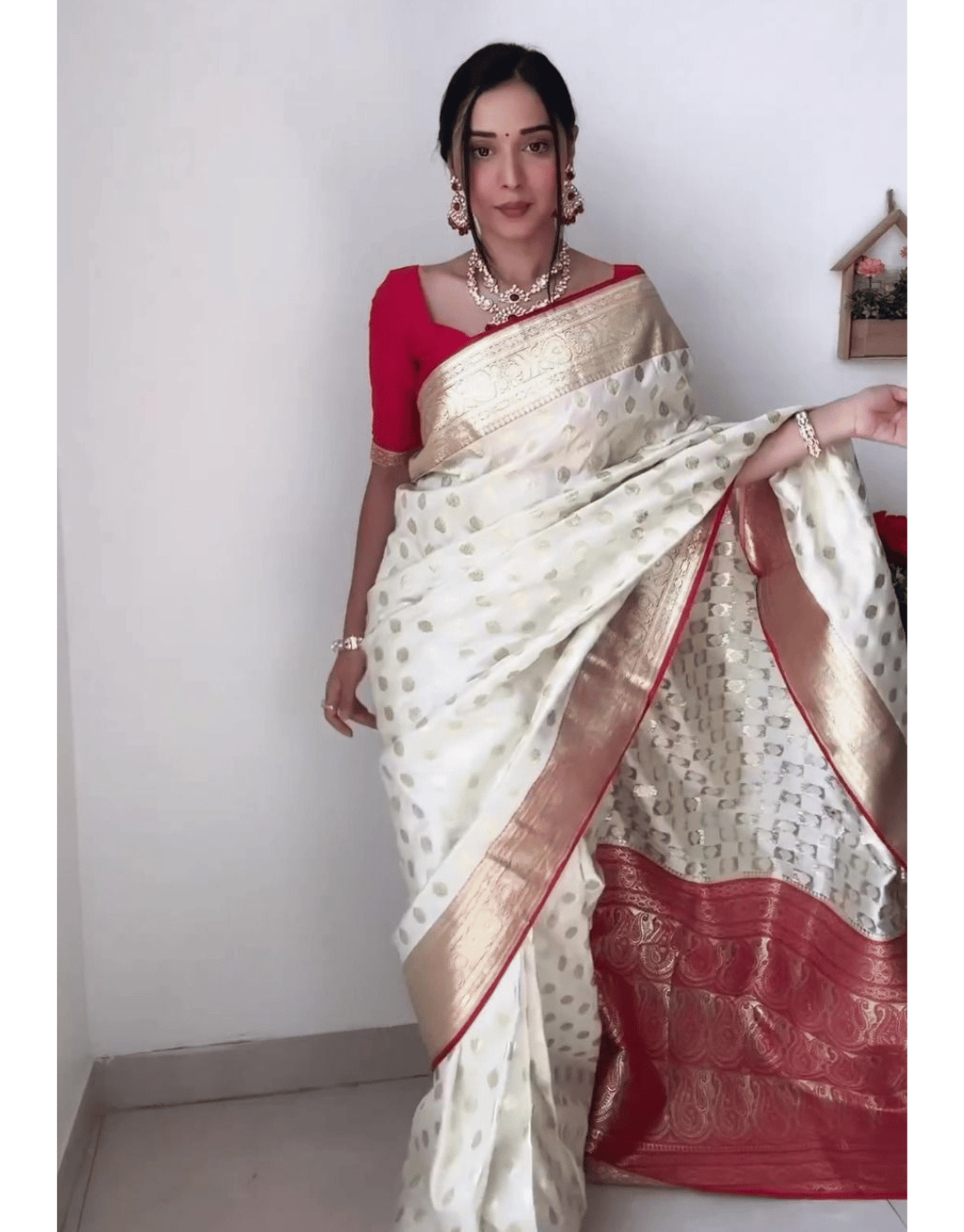 Rihana White Litchi Silk Ready to Wear Saree