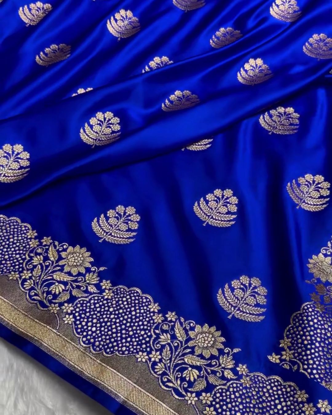 Prerana - Blue Banarasi Satin Saree with Zari Floral Border