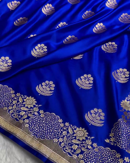 Prerana - Blue Banarasi Satin Saree with Zari Floral Border