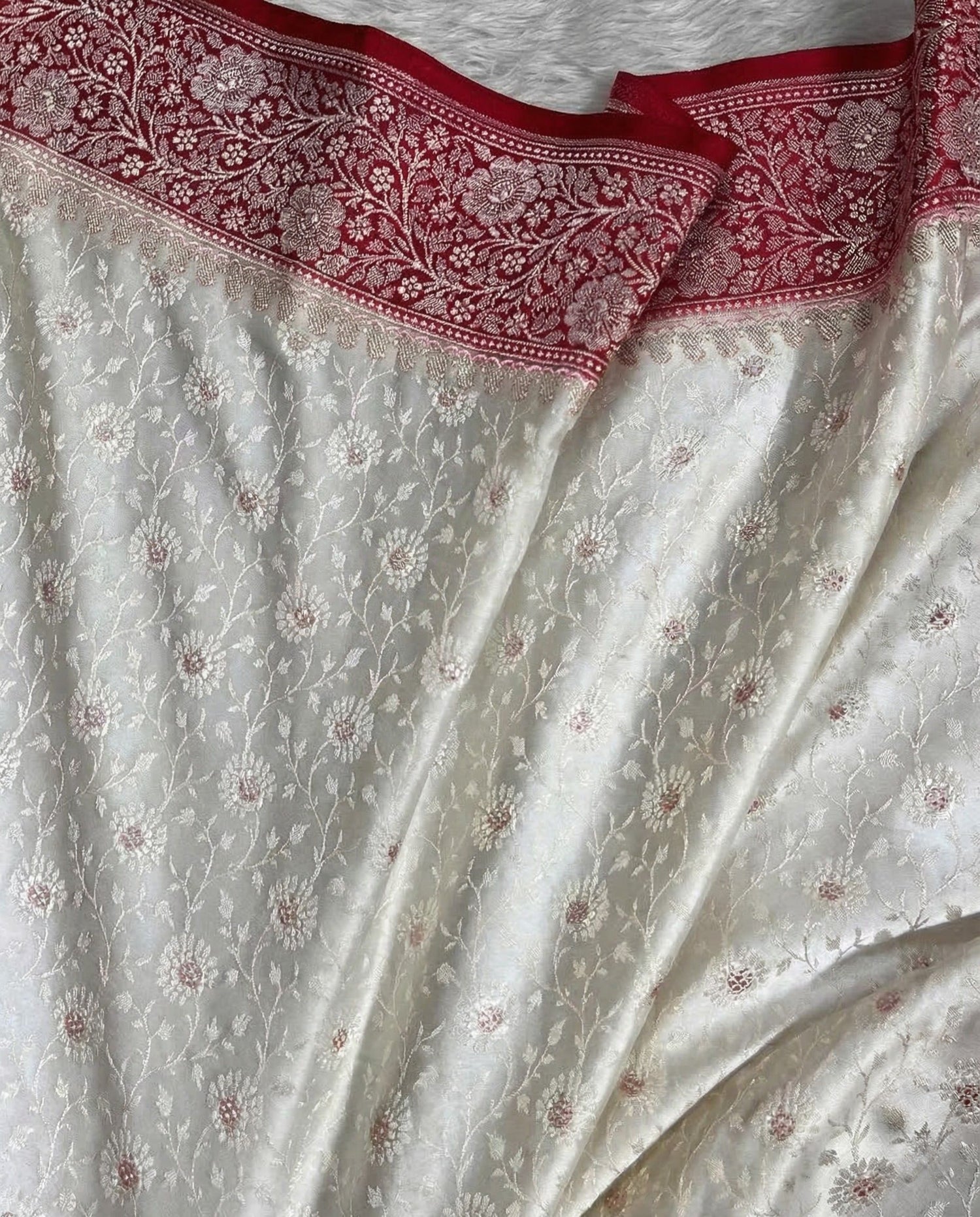 Sudhira - Ivory Banarasi Mashru Katan Silk Saree with Red Zari Border