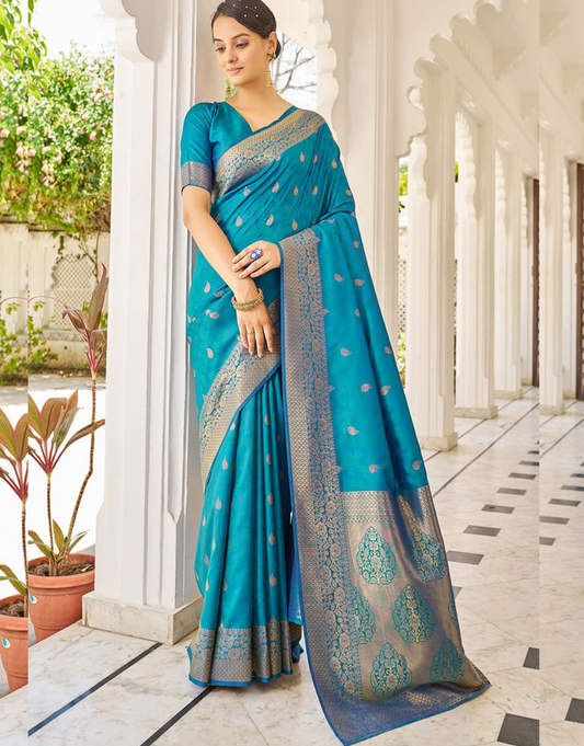 SkyBlue Daisy Kanjivaram Silk Saree