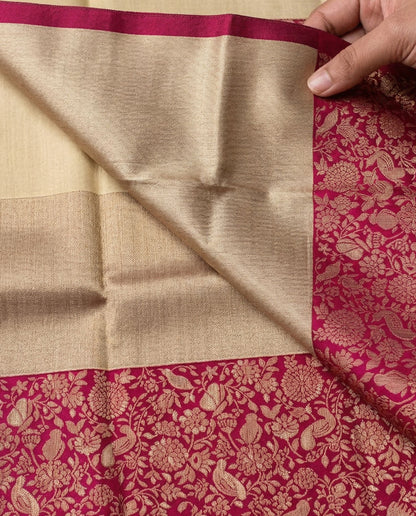 Abhilasha - Cream Kanchi Semi Soft Silk Saree With Magenta Zari Border
