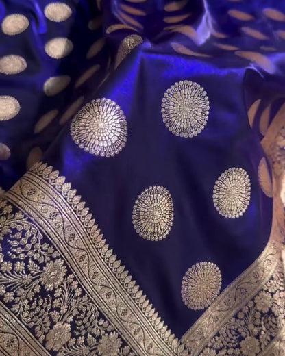 Samika - Blue Banarasi Satin Saree with Zari Butta and Floral Border