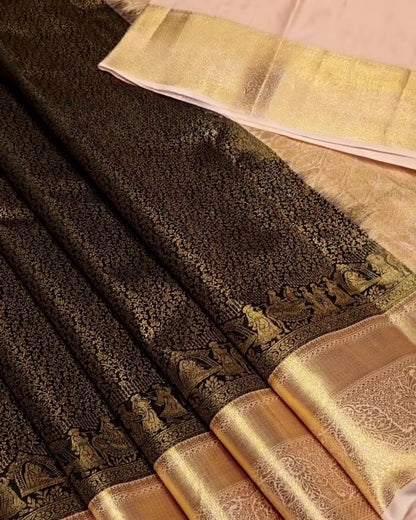 Qamra - Black Gold Banarasi Silk Saree with Zari Figurative Border