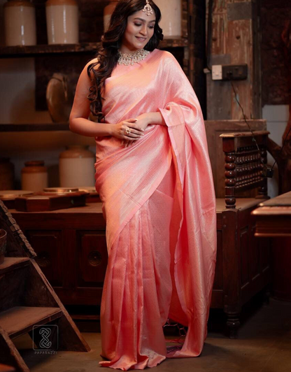 Shara Peach Banarasi Soft Silk Saree