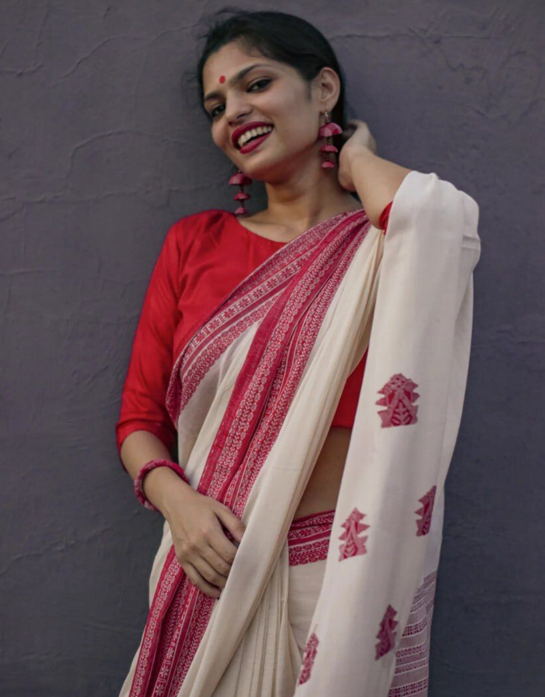 Noor White-Red Manipuri Cotton Saree