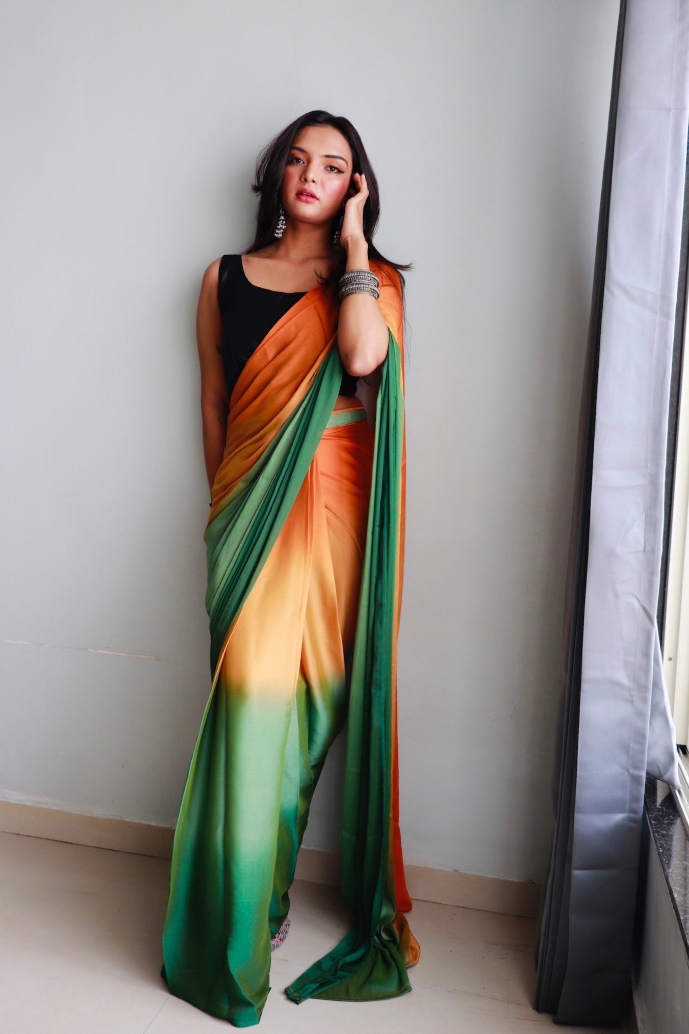 1 MIN Ready To Wear Dark Yellow- Green  Dual shade Saree - Kachi Keri