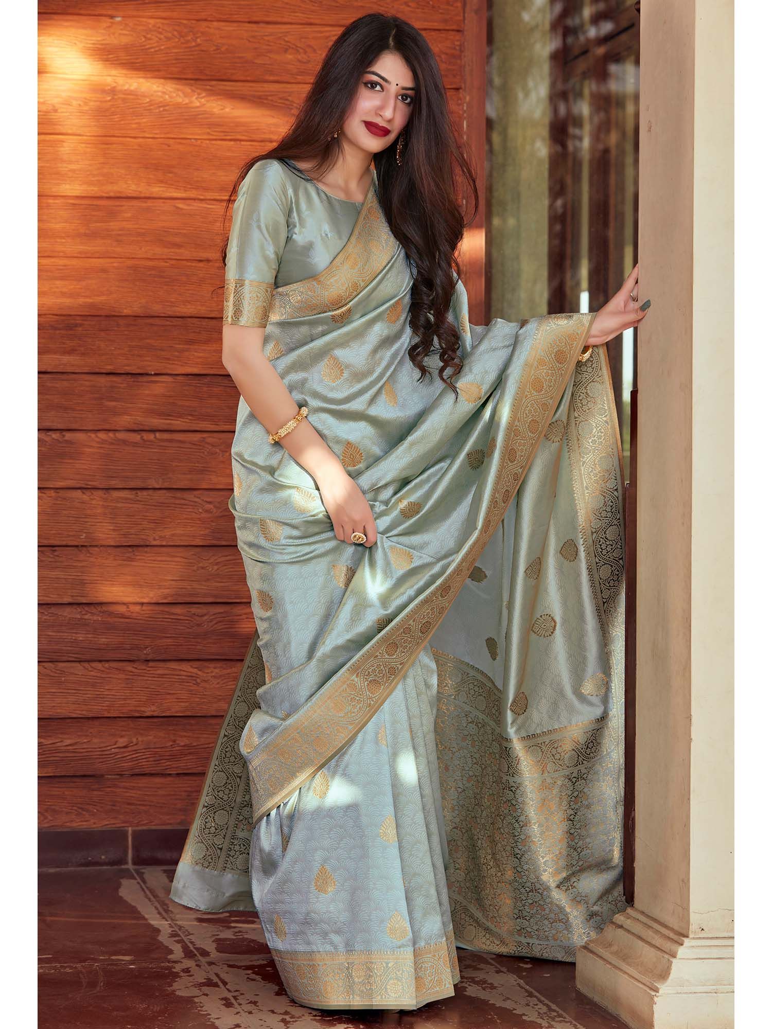 Omee Grey-Olive Banarasi Silk Saree