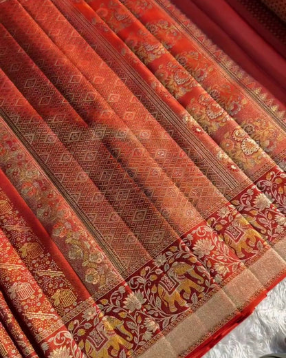 Adhya - Rust Vermilion Elephant Heritage Silk Saree