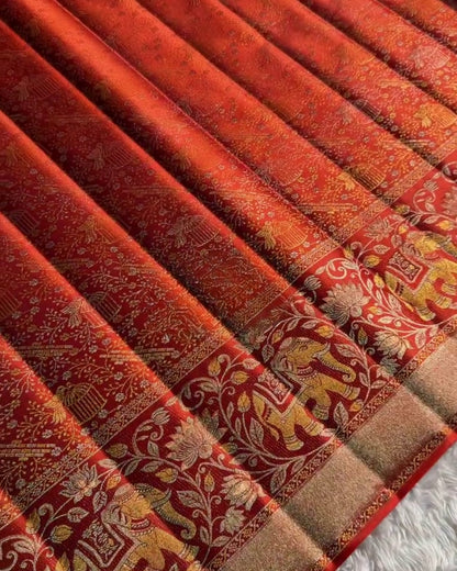 Adhya - Rust Vermilion Elephant Heritage Silk Saree