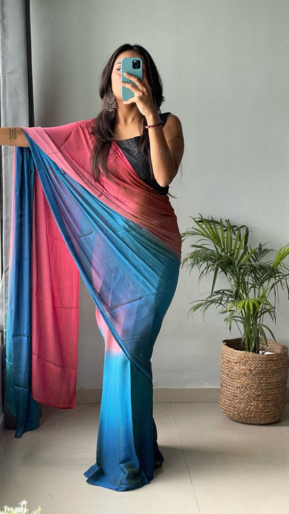 1 MIN Ready To Wear Pink-Sky Blue Dual shade Saree - Peacock