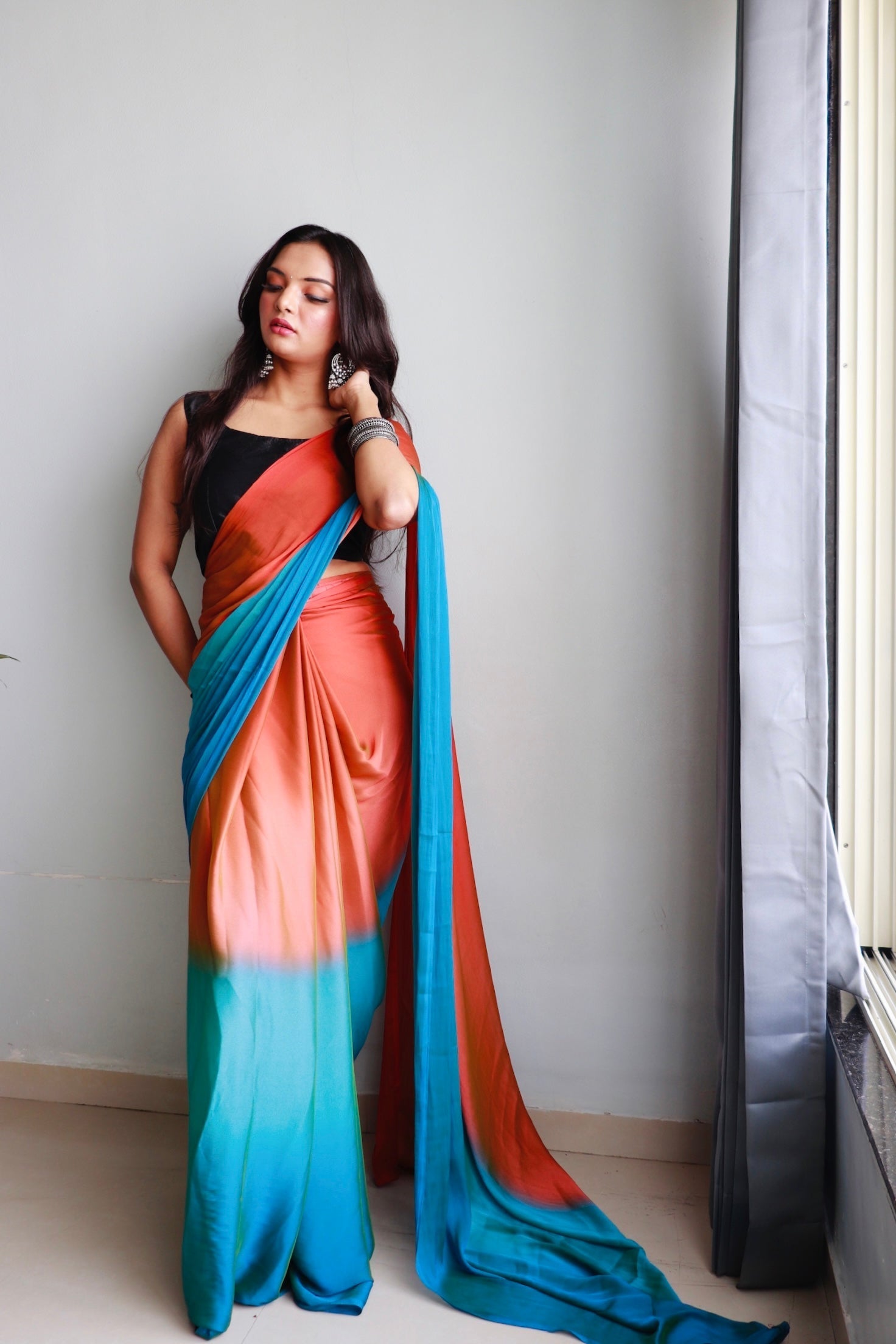 1 MIN Ready To Wear Orange-Sky Blue Dual shade Saree - Sunset Sky