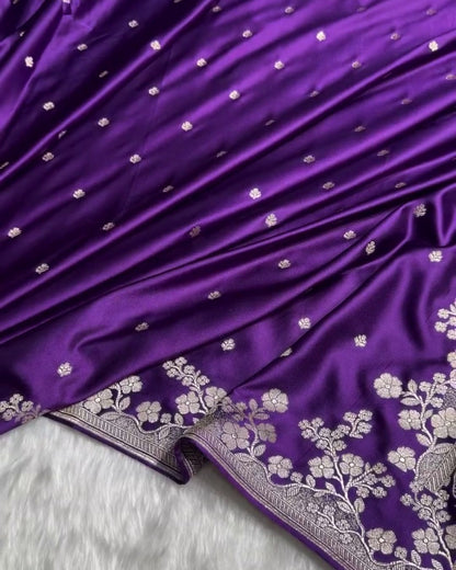Niyara - Purple Banarasi Satin Saree with Zari Floral Border