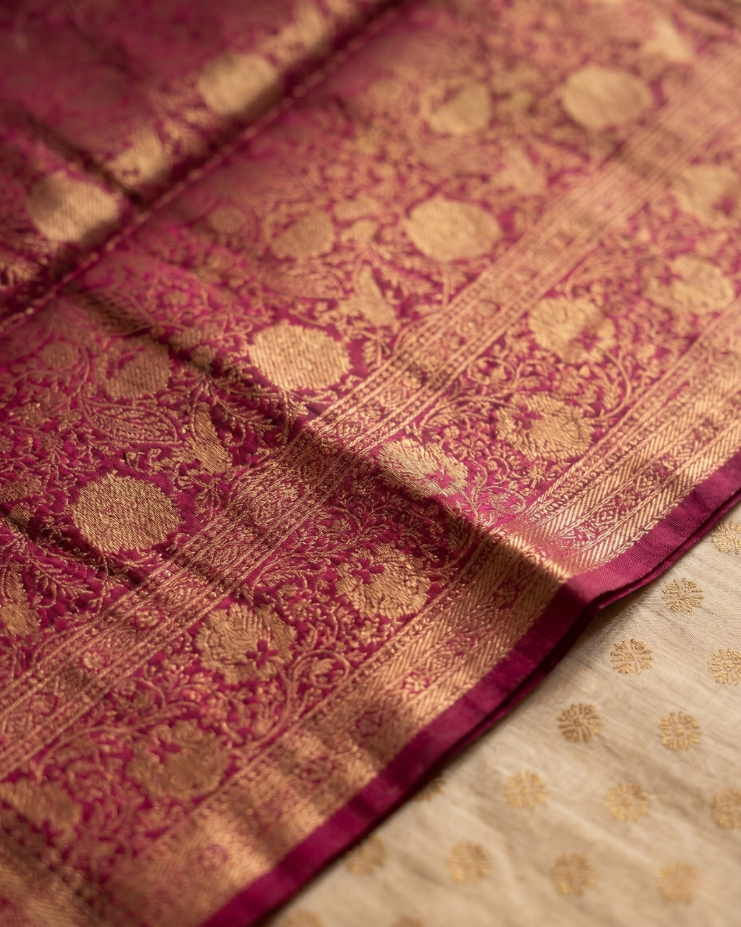 Ruhani - Cream Magenta Heritage Silk Saree